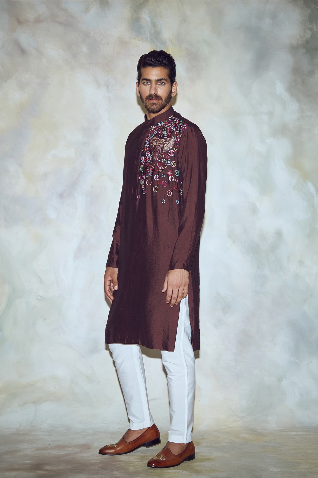 Mens Rang Brown Silk Elephant Kurta