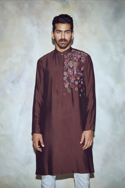 Mens Rang Brown Silk Elephant Kurta