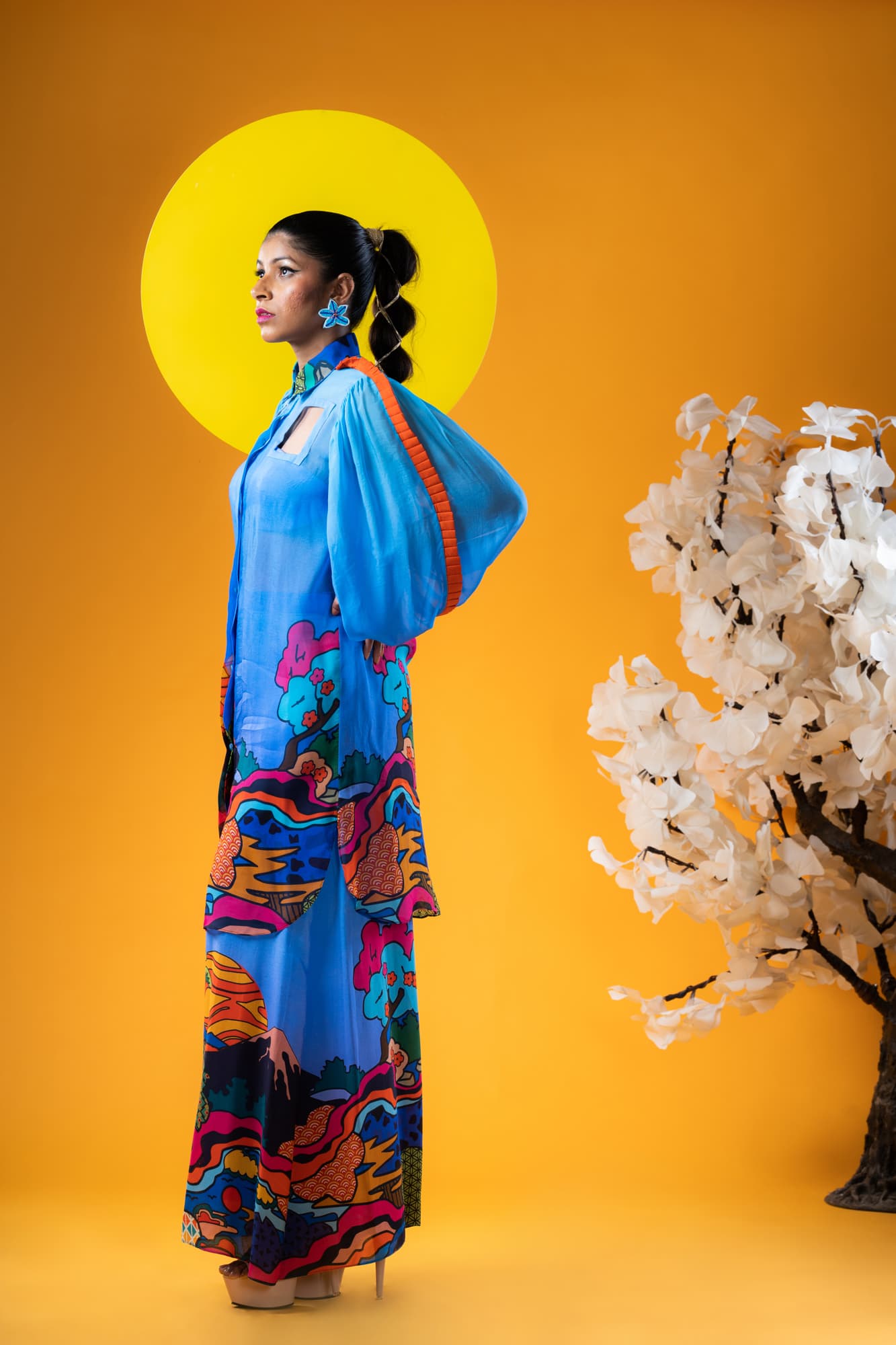 Womens Kaioshin Printed Blue Organza Outfit Set