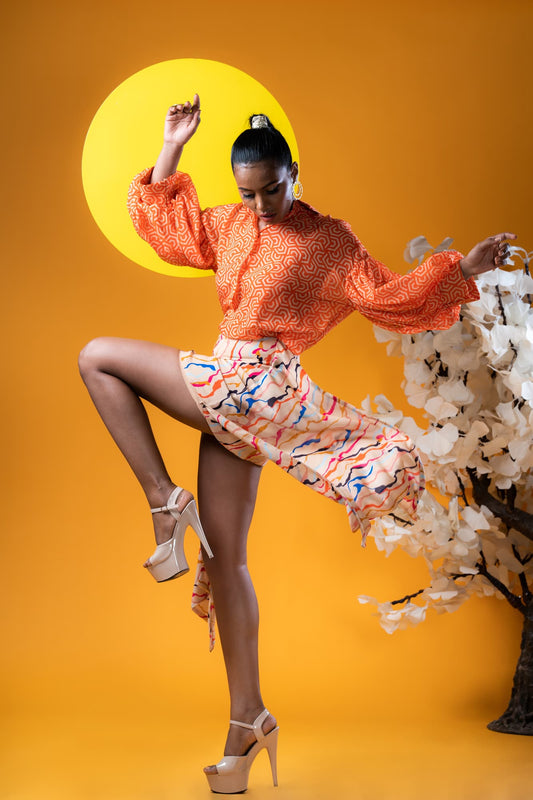 Women Wearing Kaioshin  Geometric Orange Organza Outfit Set