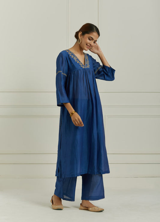 Women Wearing MTO Blue Chanderi Kurta Set