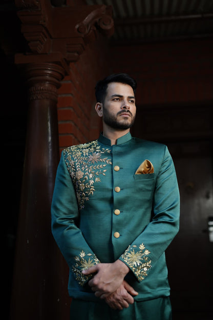 Mens Wear ARD Green Silk Kurtha Set