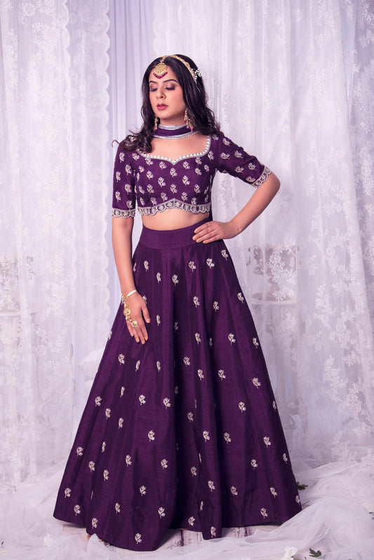 Women Wearing Purple Lehenga Set.