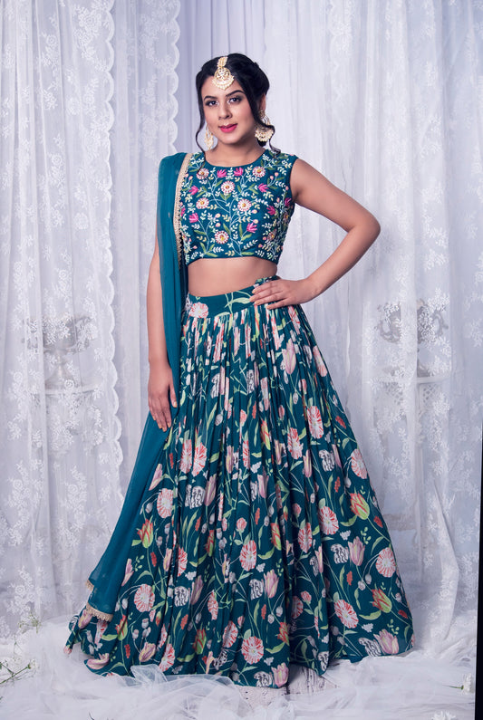 Women Wearing Green Lehenga Set.