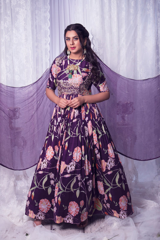 Women Wearing Purple Anarkali Set.