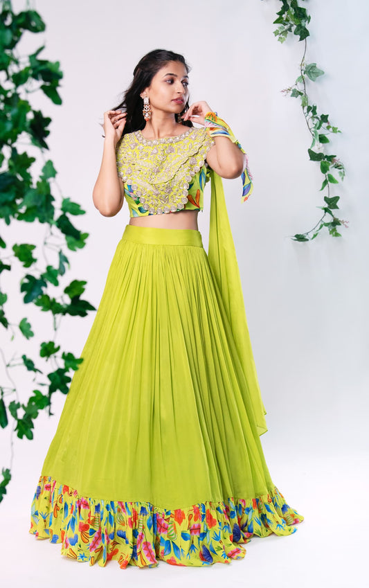 Women Wearing Green Lehenga Set.