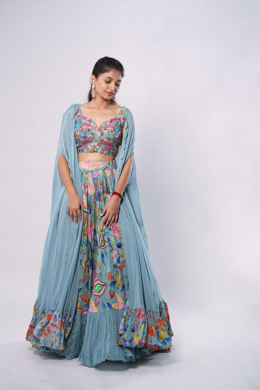 Women Wearing Blue Lehenga Set.