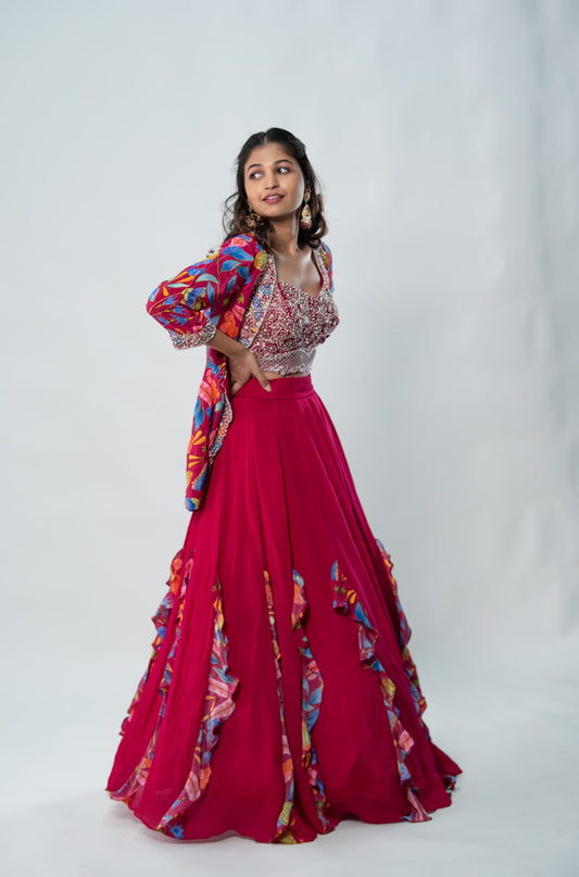 Women Wearing Pink Lehenga Set.