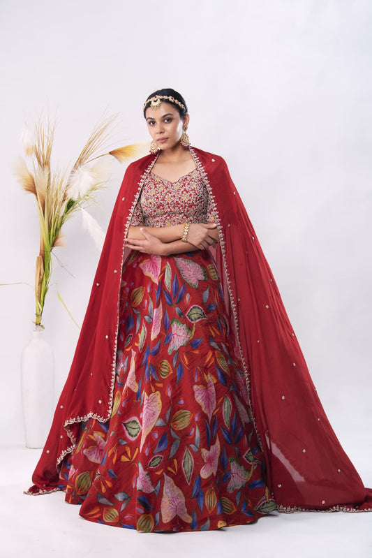 Women Wearing Red Lehenga Set.