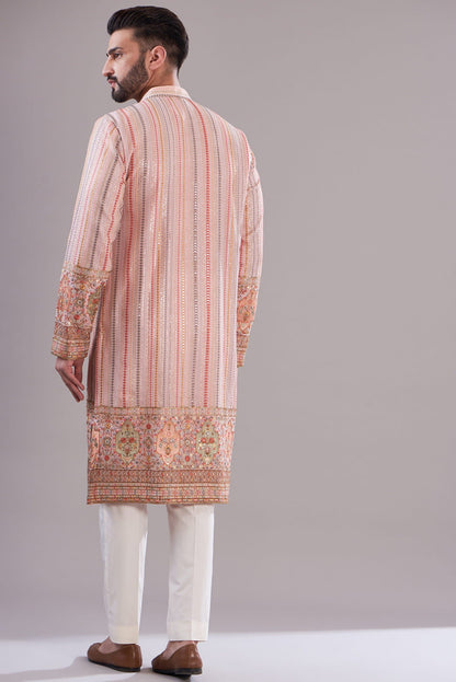 Mens Kasbah Peach Georgette Thread Work Kurta