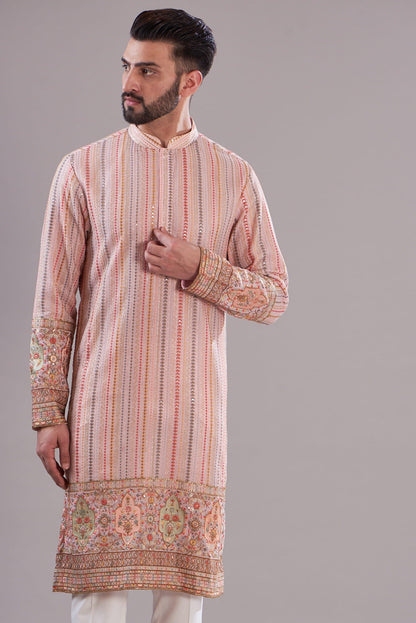 Mens Kasbah Peach Georgette Thread Work Kurta