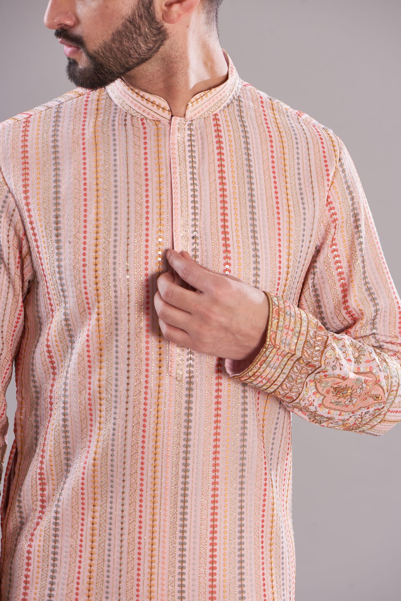 Mens Kasbah Peach Georgette Thread Work Kurta