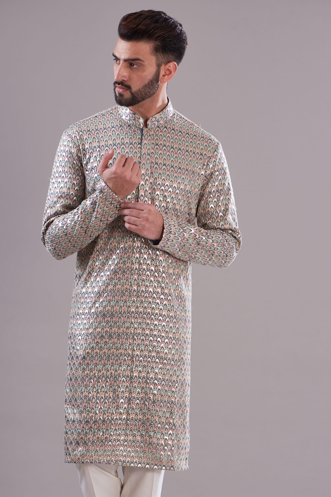 Mens Kasbah Grey Georgette Kurta Set