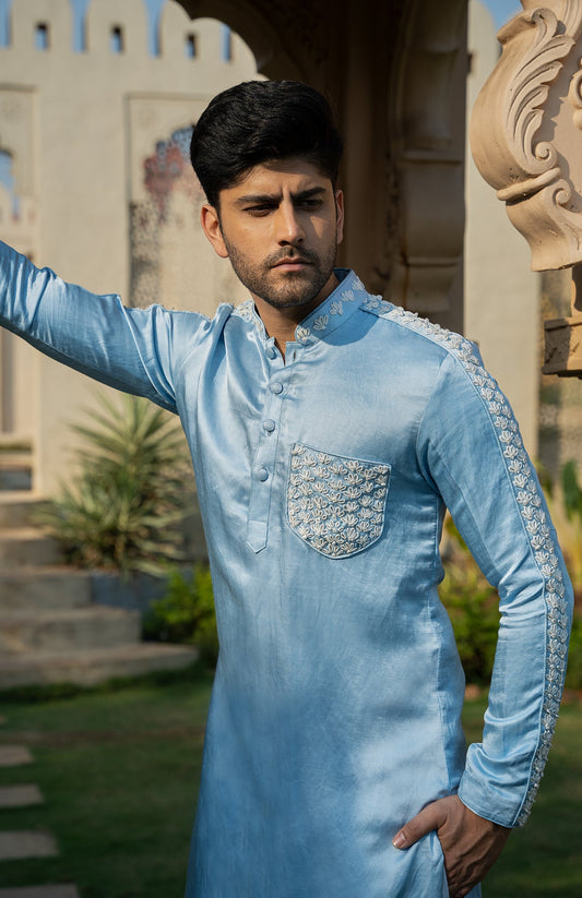 Men Wearing Blue Kurta Set.