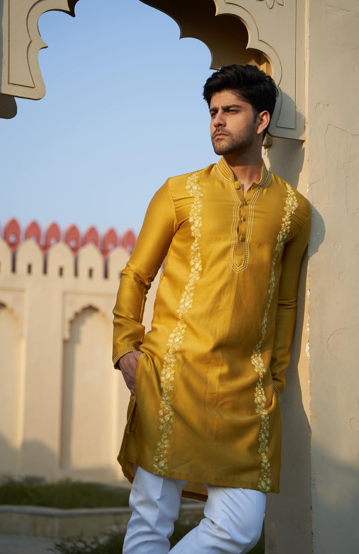 Mens Faarsi Yellow Chanderi Panel Kurta Set