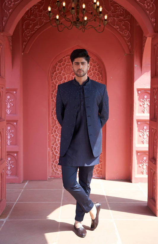 Men Wearing Blue Sherwani Set.