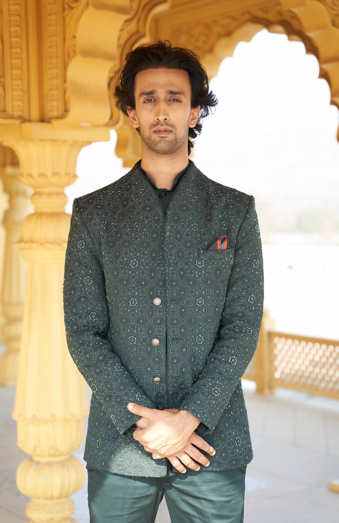 Men Wearing Green Sherwani Set.