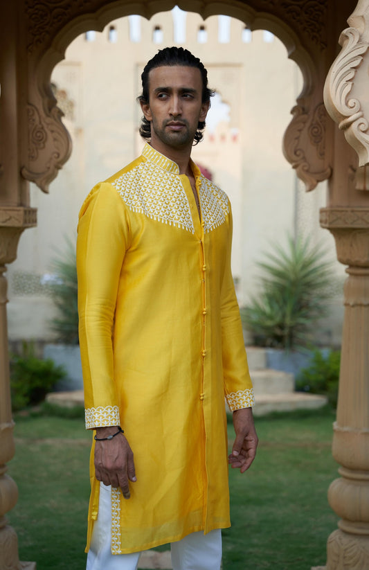 Men Wearing Yellow Kurta Set.