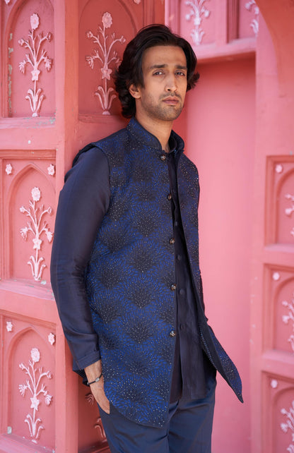 Mens Faarsi Blue Chanderi Bandi Set