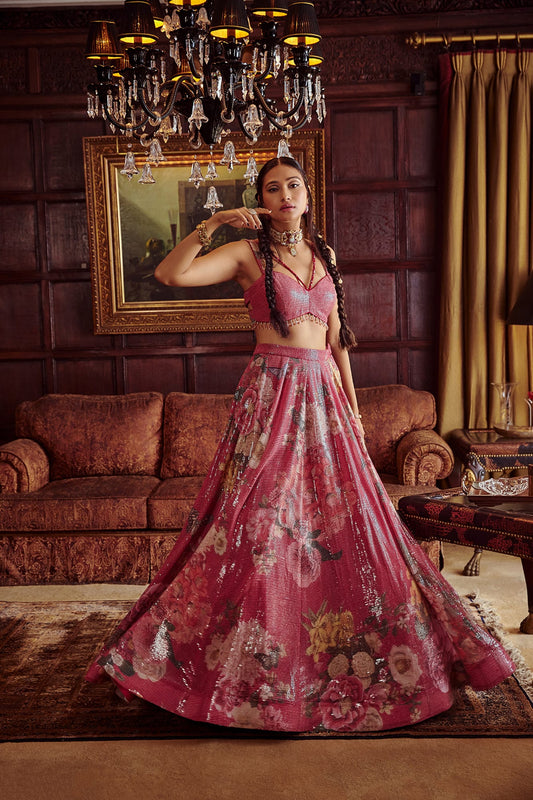 Women Wearing Pink Lehenga Set.