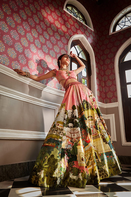 Women Wearing Pink Lehenga Set.