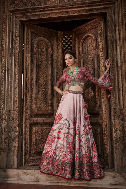 Women Wearing Pink Lehenga Set.