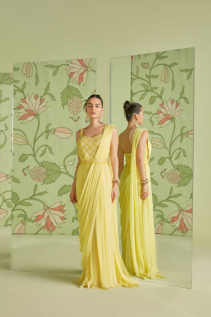 Women Wearing Yellow Georgette Jumpsuit Saree