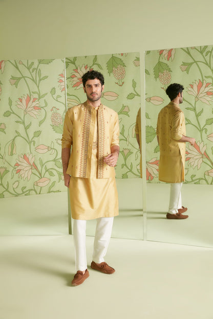 Men Wearing Yellow Bandi Kurta Set.