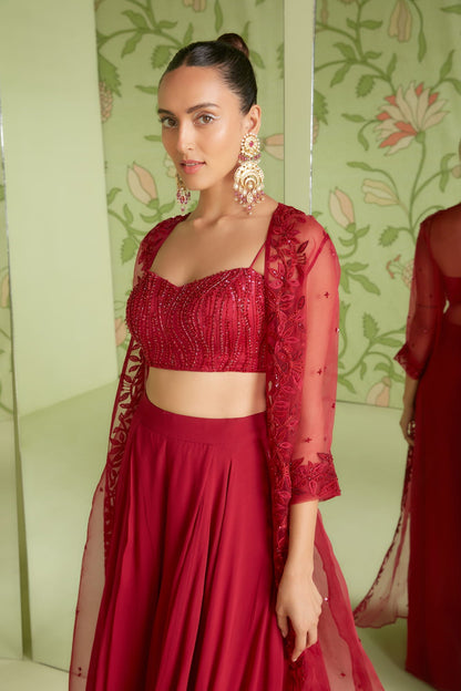 Womens Hunar Red Georgette Jacket Set