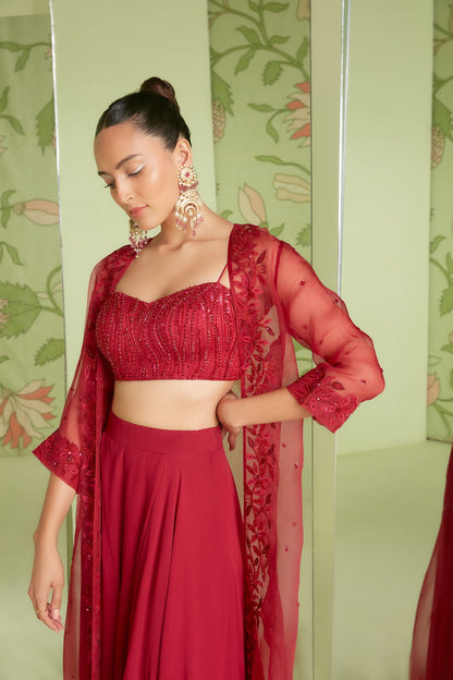 Womens Hunar Red Georgette Jacket Set