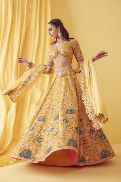 Womens Yellow Satin Lehenga Set