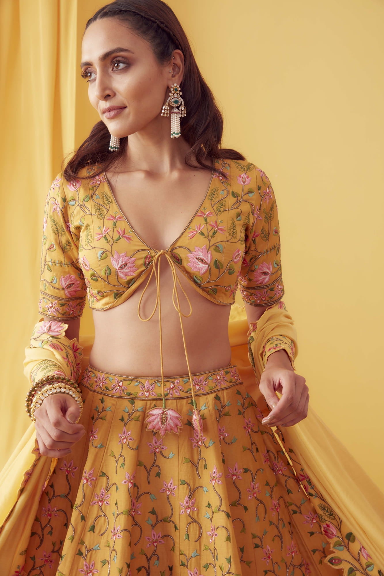 Womens Yellow Satin Lehenga Set