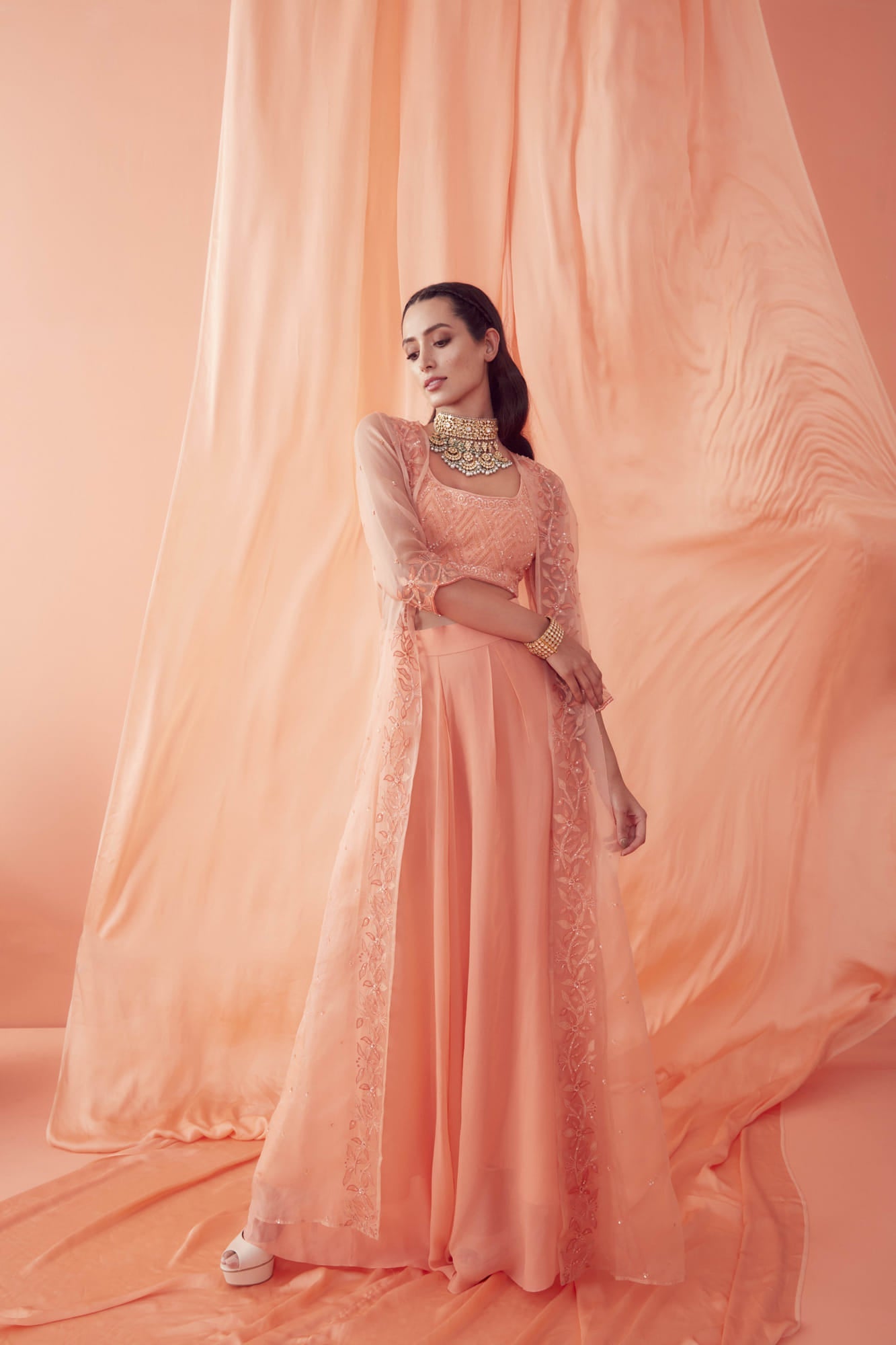 Womens Peach Organza Jacket Set With Pants