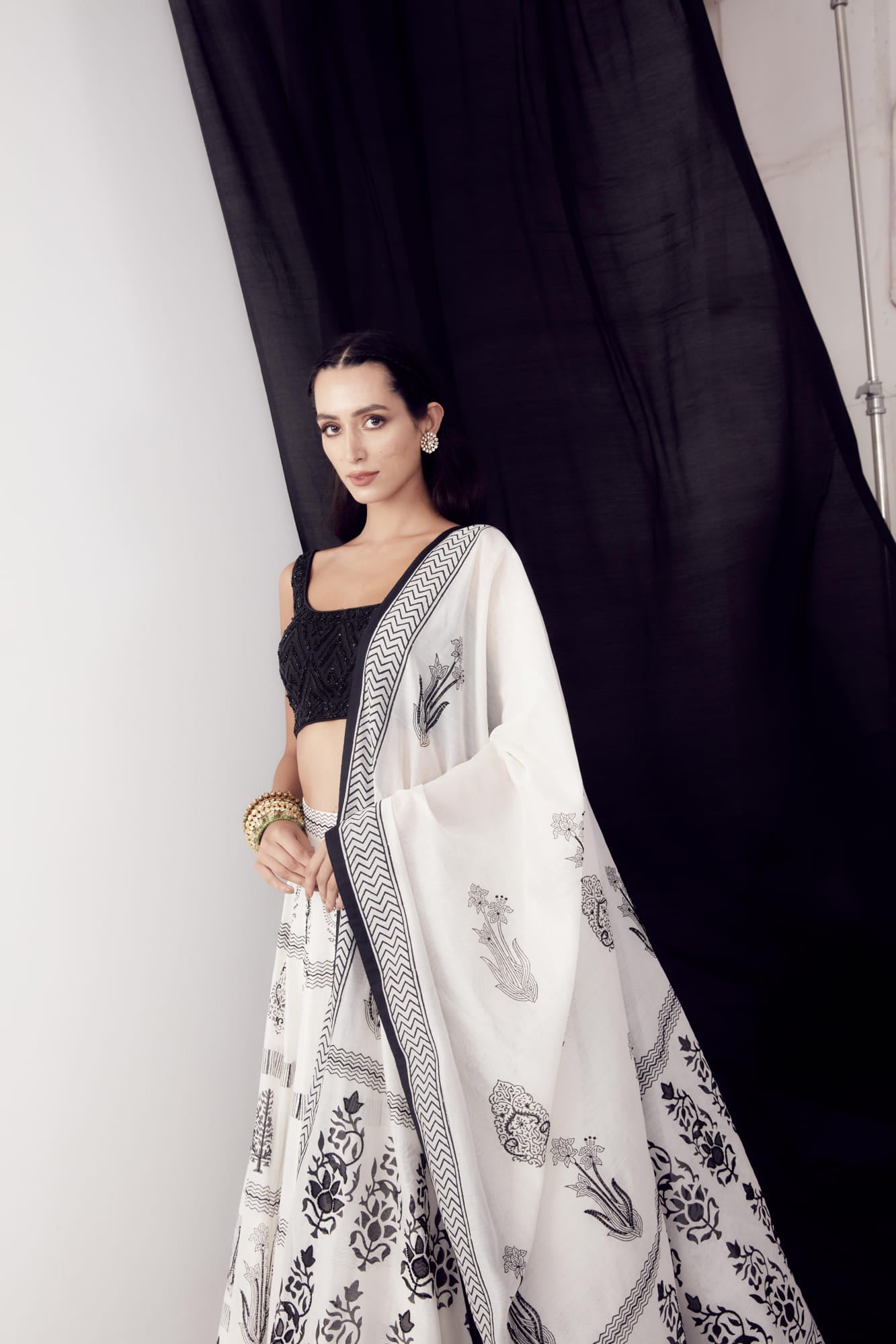 Womens Black And White Chanderi Lehenga Set