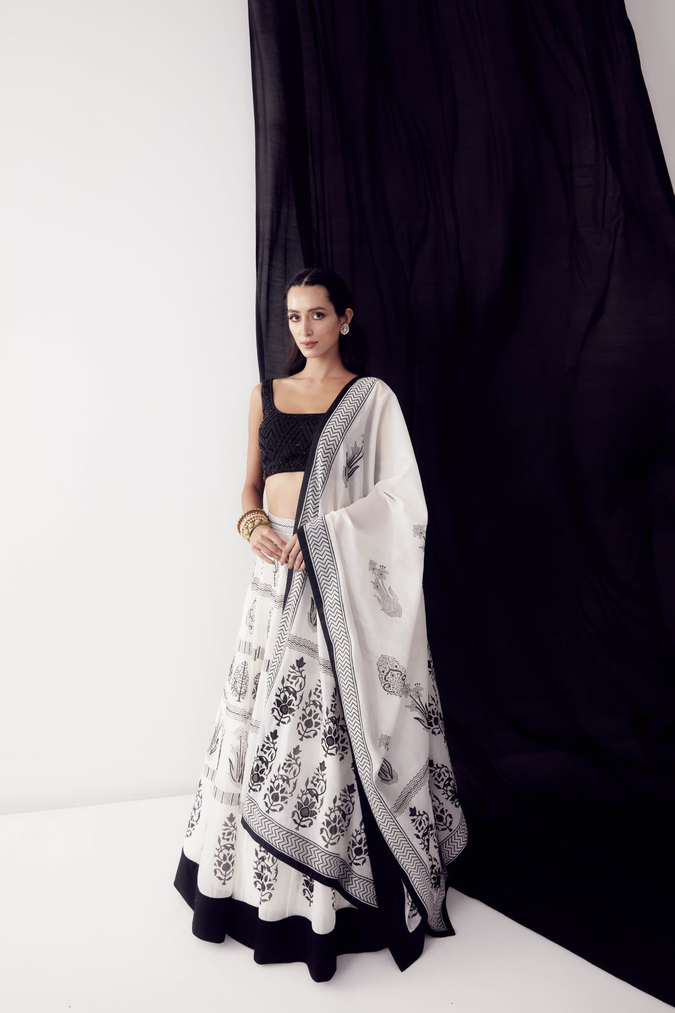 Womens Black And White Chanderi Lehenga Set