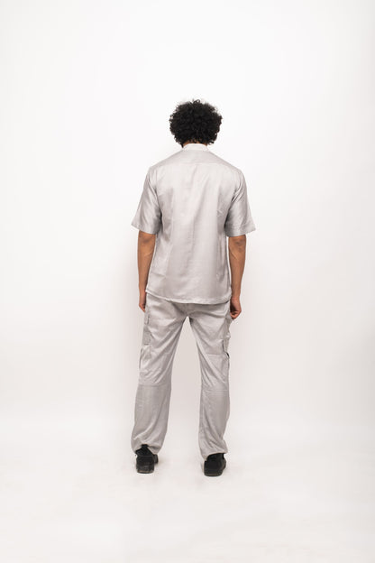 Mens Unwind Grey Silk V Neck Shirt