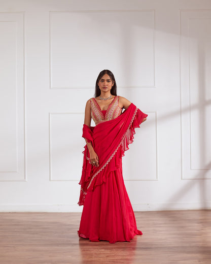 Womens Spring Coral Organza Saree Set