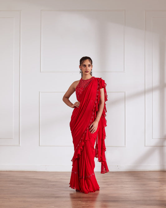 Women wearing Red Saree set