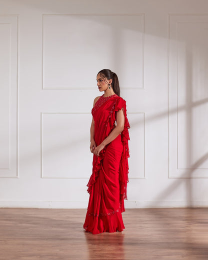 Womens Spring Red Net Saree Set