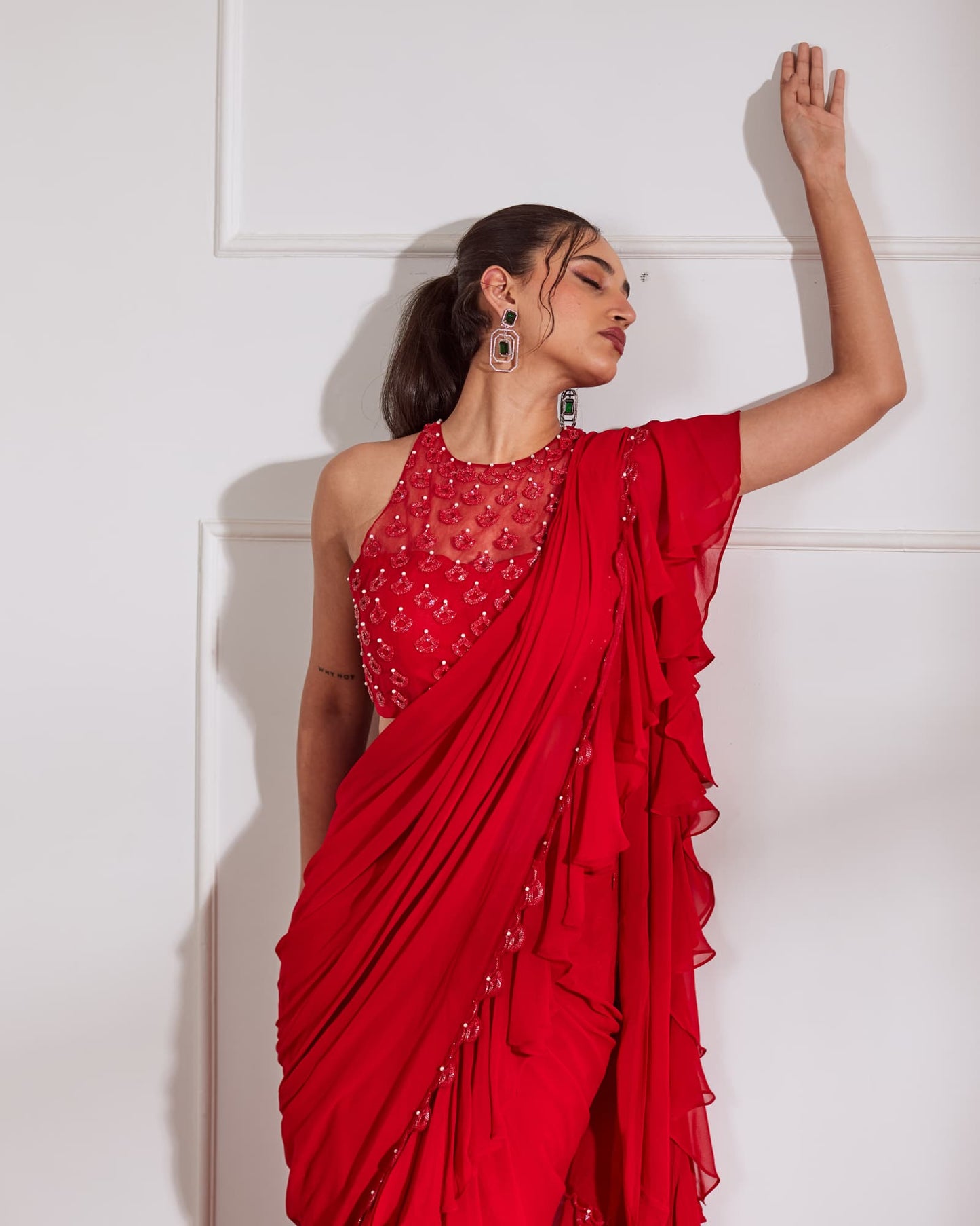 Womens Spring Red Net Saree Set