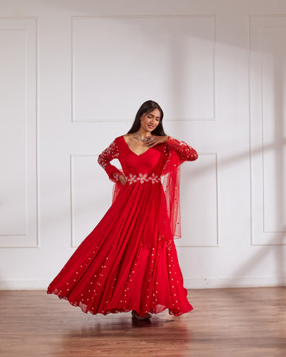 Womens Spring Red Georgette Anarkali Set