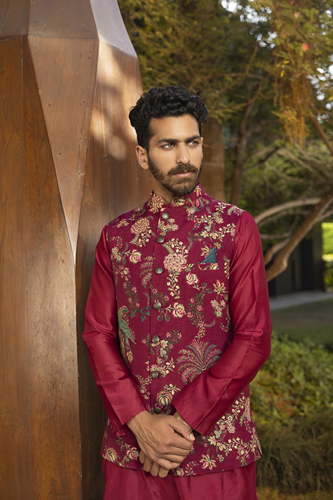 Mens Nasir Maroon Chanderi Bandi Set