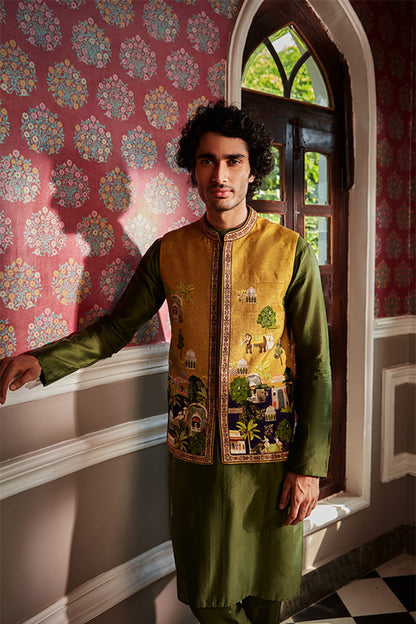 Mens Tahir Yellow Silk Bandi Set