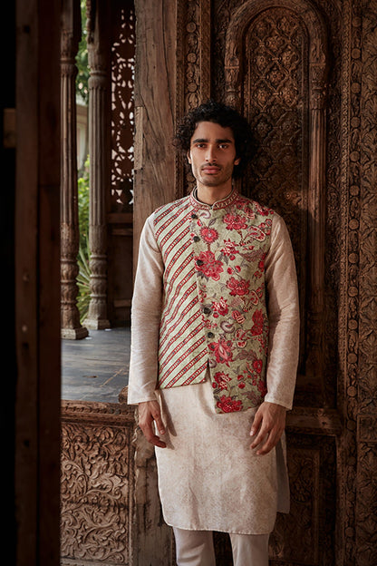 Mens Vivaan Cream Silk Bandi Set