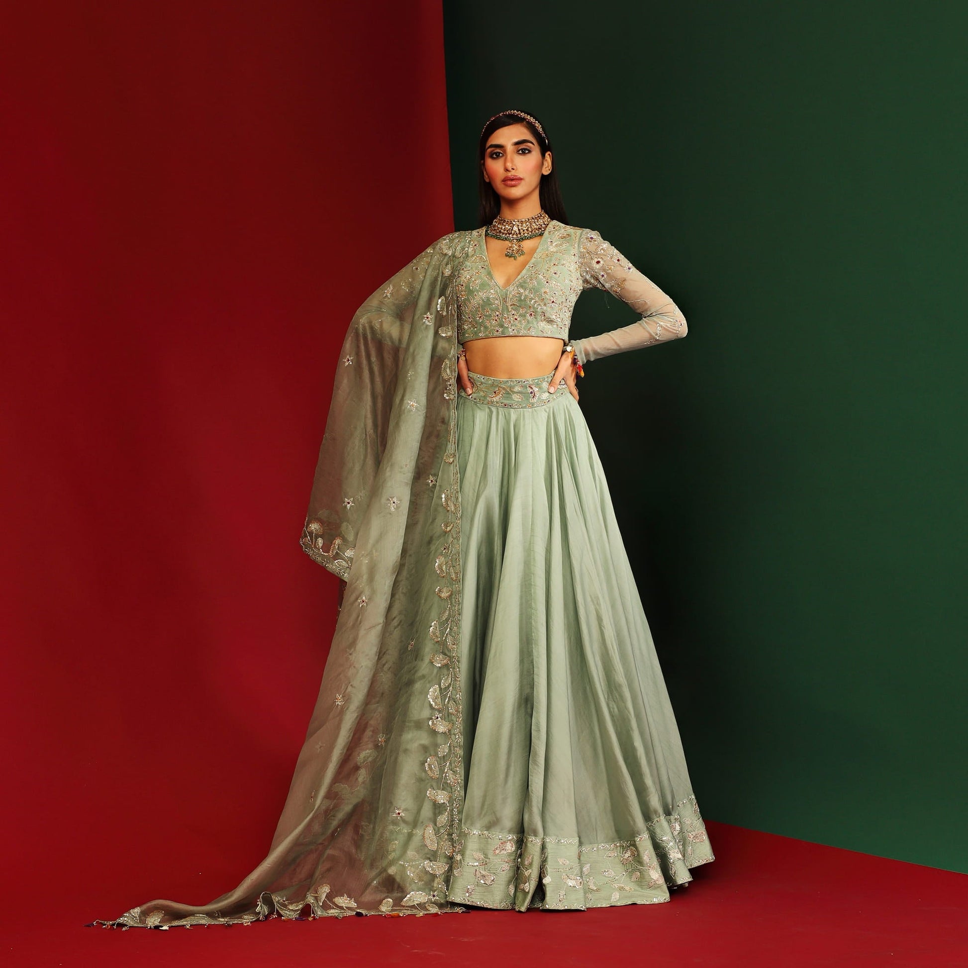 Women Wearing Green Lehenga Set