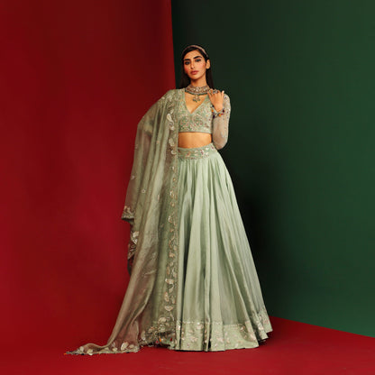 Womens Aarohi Green Organza Lehenga Set