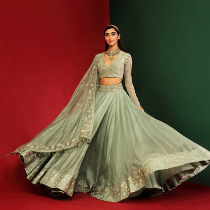 Womens Aarohi Green Organza Lehenga Set