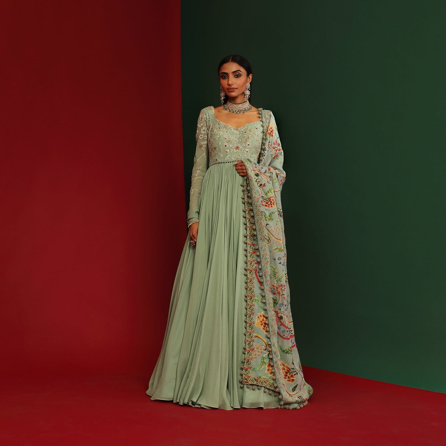 Women Wearing Green Anarkali Set