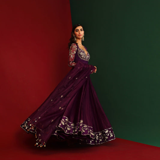 Women Wearing Purple Anarkali Set