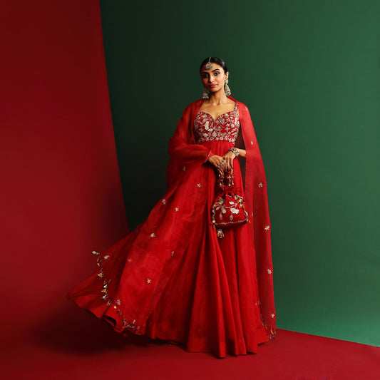 Women Wearing Red Anarkali Set